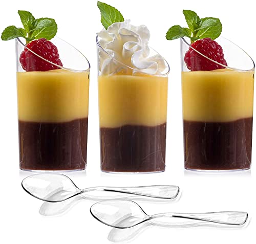 Zappy 320 Mini Dessert Cups With Mini Tasting Spoons Clear Slanted Cylinder Mini Dessert Appetizer Cup 2.5 oz Plastic Tasting Cups Sample Shot Glasses Parfait Glass