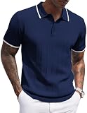 COOFANDY Mens Knitted Polo Shirts Business Textured Polos Shirt Vintage Short Sleeve Polo Shirts with Collar Big and Tall Polo Shirts Navy Blue White Striped