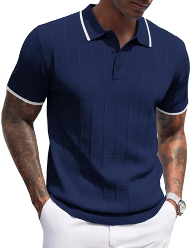 COOFANDY Mens Knitted Polo Shirts Business Textured Polos Shirt Vintage Short Sleeve Polo Shirts with Collar Big and Tall Polo Shirts Navy Blue White Striped
