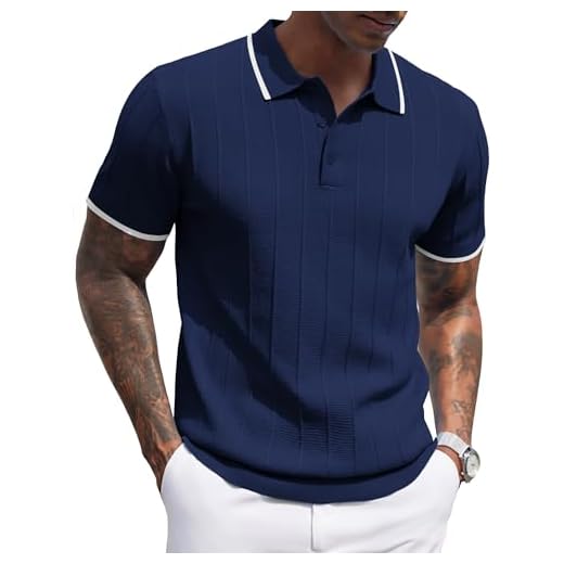 COOFANDY Mens Knitted Polo Shirts Business Textured Polos Shirt Vintage Short Sleeve Polo Shirts with Collar Big and Tall Polo Shirts Navy Blue White Striped