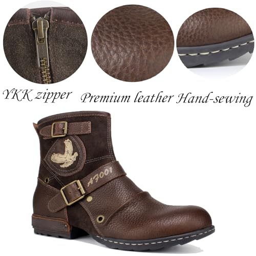 Motorcycle Boots Men Waterproof Leather -Retro Moto Biker Boots with Zip Up & Harness, Riding Combat Boots for Men Casual & Daily Wear3