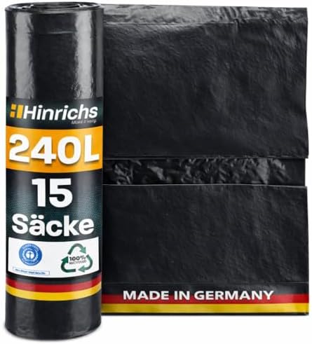 Hinrichs Müllsäcke 240L extra Stark - 15er Rolle - 100x125 cm - Extrem reißfeste Müllbeutel - Mülltüten aus LDPE - Schwarze Säcke - Abfallsäcke für Garten, Haushalt & Baustelle