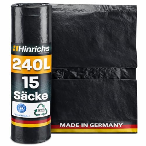 Hinrichs Müllsäcke 240L extra Stark - 15er Rolle - 100x125 cm - Extrem reißfeste Müllbeutel - Mülltüten aus Recycling LDPE - Schwarze Säcke - Abfallsäcke für Garten Haushalt & Baustelle