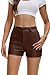 Gaiibbt Women's Khaki Faux Leather Shorts High Waist Zip Pocket Fashion Shorts for Streetwear & Office Looks L