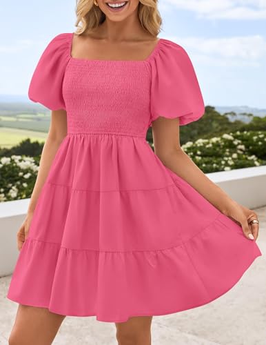 Image of ZESICA Women's Boho 2026 Summer Square Neck Puff Sleeve Off Shoulder Smocked Tiered Casual A Line Short Mini Dress