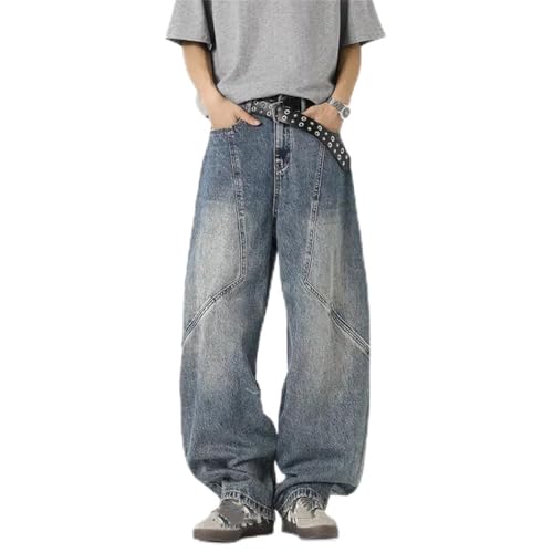 Men's Summer Wide Leg Patchwork Jeans Floor-Length Streetwear Baggy Denim Pants Casual Loose Trousers