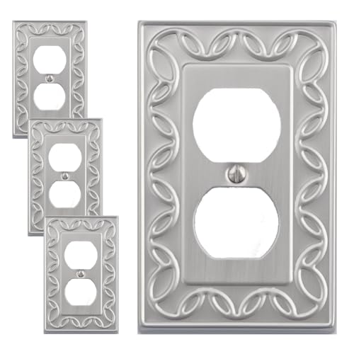 OKAWYC Single Duplex Outlet Cover Plate, 4-Pack Brushed Nickel NovaBloom Metal Wall Plate 1 Gang, for Light Switch Cover, Receptacle Light Switch, Switch Cover Decorative Wallplate, Durable