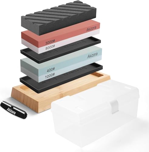 HWXINIE 砥石 セット 包丁研ぎ石 400/1000 3000/8000 家庭用中砥/仕上げ研石,包丁 キッチン 園芸用のハサミな キャンプ用のナイフ砥石に最適【竹製滑り止め台 面直し 角度固定ホルダー付き】