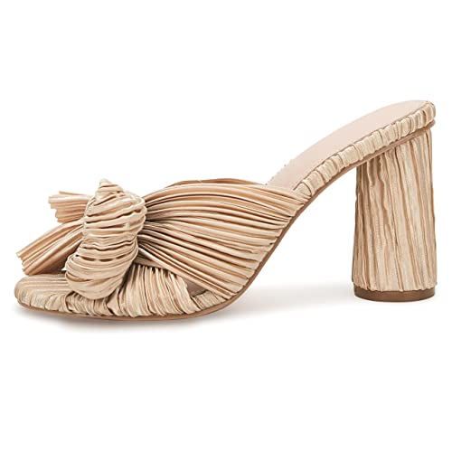 Vetaste Women's Pleated Bow Knot Heeled Sandals Comfortable Slip On Open Toe Block Chunky Heel Slides Bridal Wedding Dress Shoes #TOP1