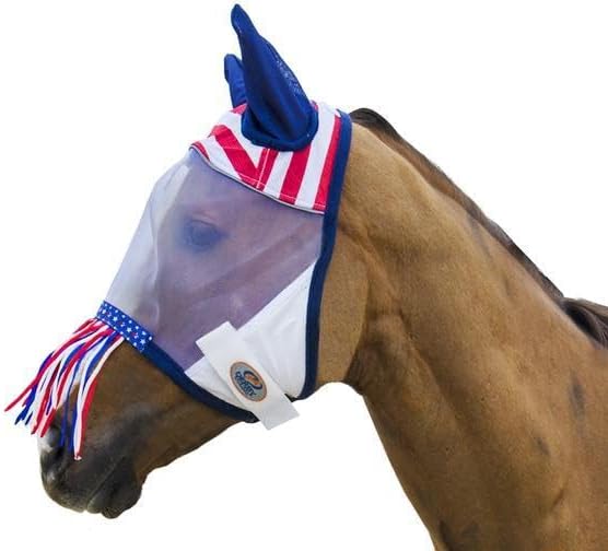 Máscara contra moscas para cavalos Derby Originals com orelhas, franja nasal e malha fina com bloqueio UV — Design USA Stars and Stripes