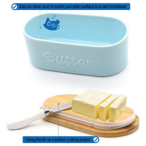 Mbr Force Large Butter Dish With Lid For Countertop Ceramics Butter Keeper Container With Knife High-Quality Double Silicone For Kitchen, Farmhouse,Fridge, Gift Oval Blue #TOP1