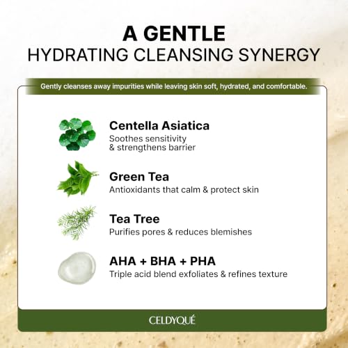 Image of Korean AHA BHA PHA Exfoliant Cleansing Foam Face Wash w / Centella, Tea Tree & Green Tea, Gentle Low pH Pore Minimizer Cleaner Cleanser for Sensitive & Acne-Prone Skin, Non-Stripping & Fragrance 5 Oz