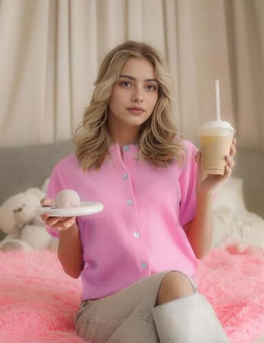 Image of Yimoon Women's Lightweight Puff Short Sleeve Cardigan Sweater | Summer, Y2K, Cropped Knit, Button Up, Blouse Tops