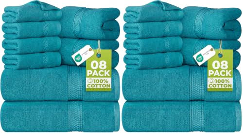 Image of Utopia Towels 8 Piece Luxury Towel Set - Majestic Plush, Super Absorbent & Quicker-to-Dry, Thick 100% Ring Spun Cotton Towels for Bathroom, Spa & Hotel - 2 Bath, 2 Hand, 4 Washcloths,Teal (Pack of 2)