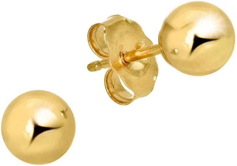 14k Real Yellow Gold Stud Ball Earrings, Gold Friction Backs - 6 mm