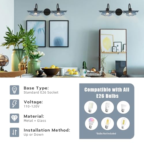 Image of 2-Light Glass Wall Mount Light Matte Black Wall Sconce Art Deco Blue Glass Bathroom Lights Fixtures Vintage Vanity Lights Over Mirror for Bedroom Hallway Living Room
