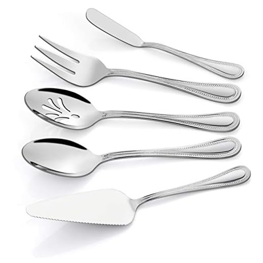Serving Utensils, HaWare Stainless Steel Silverware Serving Set 5 Pieces, Pearled Edge Hostess Serving Set for Buffet Party Kitchen Restaurant, Mirror Finished & Dishwasher Safe