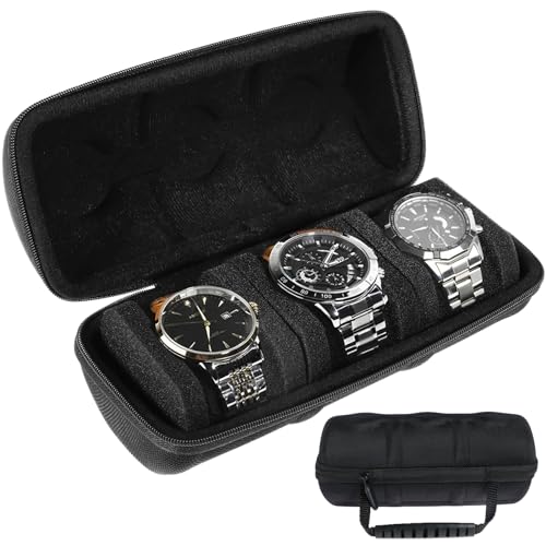 Watch Travel Case, 3 Slot Fashion Watch Box Organizer with Pillows, Portable Watches Holder with Zipper, Black Watches Storage and Display Case for Men and Women Present, 22x9x8.5cm
