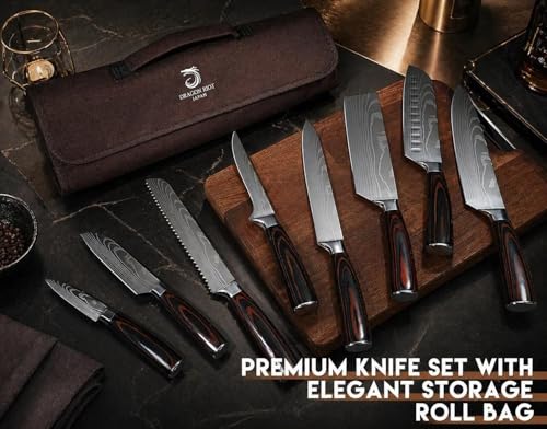 DRAGON ROIT Japanese Knives Set Damascus Pattern Chef Knife Set for Kitchen with Roll Bag, Sharp Stainless Kitchen Knife Set Brown Handle — view 4