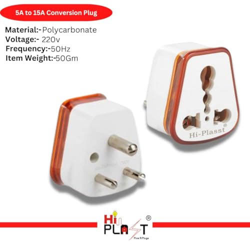 Image of HI-PLASST 6a to 16a Converter Plug | 6 amp to 16 amps Converter Plugs Useful for 16a Extension Board with16 amp Socket and 16 Ampere Plug Top,for A /C,Refrigrator,etc,230 Volt AC.(Orange,5 Pieces)