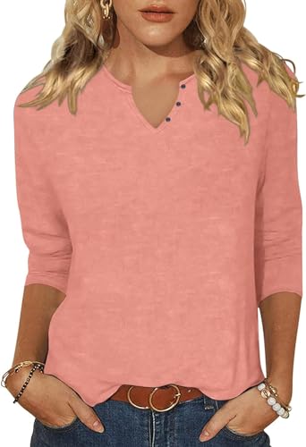 Woffccrd Womens Casual 3/4 Sleeve T-Shirts Button V Neck Summer Tunic Tops Loose Fit Shirts Solid Basic Tops, 1 Coral, Small