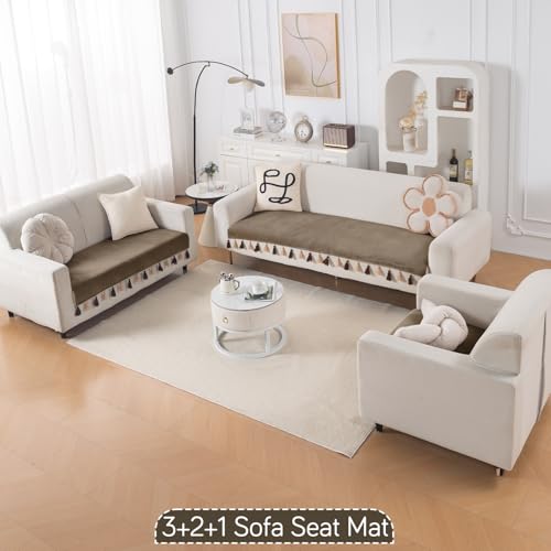 Image of HOKIPO 6 Seater Sofa Cover Mat with Tassel in 3+2+1 Configuration | Dyed Holland Velvet Fabric | 'TasselTone Series' | Coffee Brown (IN-1108+1106+1104-CF)
