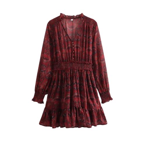 Vestido vintage con cuello en V para mujer, manga larga, estampado, vestido corto para club, cóctel, vestido bohemio, multicolor, L