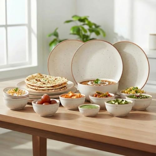 Image of Stoneware Handpainted Premium Ceramic 19 Pieces Dinner Set with 6 Dinner Plates & 12 Bowls with 1 Large Bowl, Serving for 6