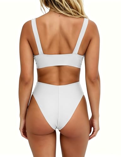 Image of geluboao Bikini Set for Women Solid V Neck Knot Front Push Up High Leg Thong Two Piece Swimsuit