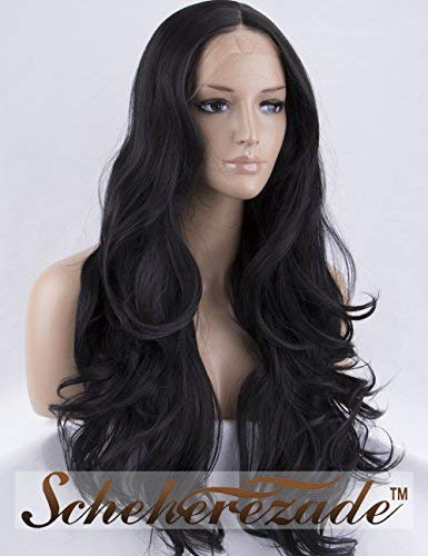 Scheherezade Natural Wavy Black Lace Front Wigs for Women 22 Inches #1B Glueless Middle Part Front Lace Synthetic Wigs Long Heat Resistant Half Hand Tied Realistic Hair