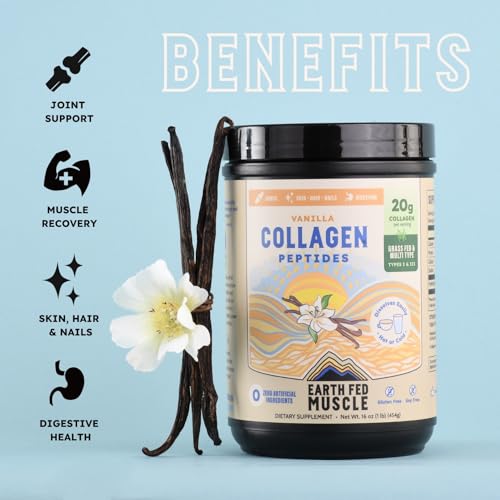Image of Earth Fed Muscle Vanilla Collagen Peptides, Third-Party Certified. 20g Protein, Vanilla - Grass Fed, Non-GMO, Hormone Free, Gluten Free - Multi-Type - 20 Servings
