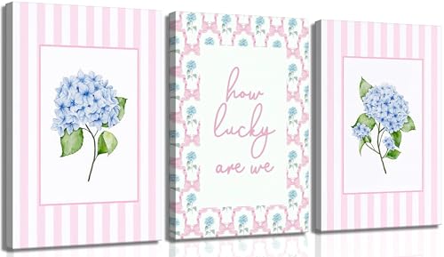 3Pcs Pink And Blue Hydrangea Canvas Wall Art Trendy Preppy
