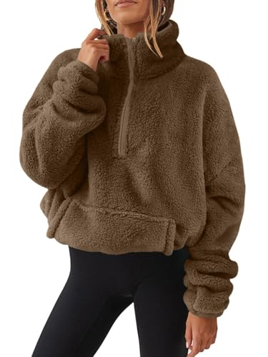 Yutdeng Oversized Half Zip Sweatshirts for Women UK Quarter Zip Fluffy Cropped Jumper Long Sleeve Teddy Fleece Jacket Tops Ladies Sweatshirt with Pocket without Hood Brown