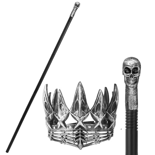 Medieval Dark Elf Royal Cane and Crown Set 55 Vintage Silver Staff with a Silver Crown Suitable for Dark Fantasy Elf Cosplay and Halloween-Themed Parties (Silver Skull)