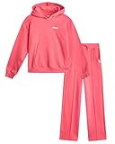 DKNY Girls' Jogger Set - 2 Piece Soft Fleece Athletic Pullover Hooded Sweatshirt and Jogger Sweatpants for Girls (Sizes:7-12), Size 8-10, Hot Coral