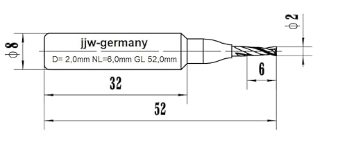 jjw-germany VHM - Spiralnutfräser Nutfräser Z= 2 für Hand Oberfräse mit Stahlschaft 8,0mm (D= 2,0 mm NL 6,0 mm GL 52)