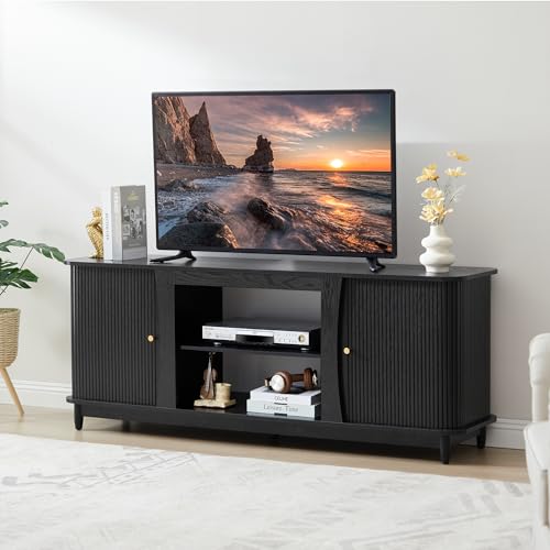 Image of TV Stand, Fluted Media Console Table with Storage and Sliding Door, Farmhouse Entertainment Center for Living Room, Home Office (Black-No Fireplace)