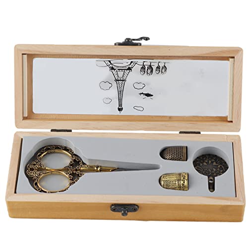 4Pcs Portable Sewing Knitting Tools and Accessories, Thread Cutter Metal Brass Sewing Thimble Vintage Scissors Patchwork with Box