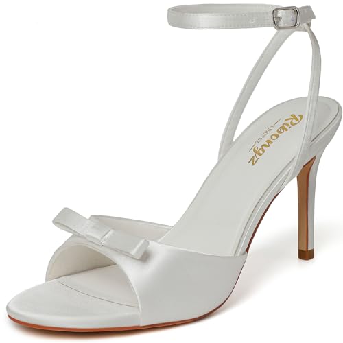 RIBONGZ Women's High White Heels Round Open Toe Sexy Kitten Sandals Stiletto Heeled Pumps Ankle Strap Bridal Shoes with Bow Summer Wedding Party Casual Office Work 7.5