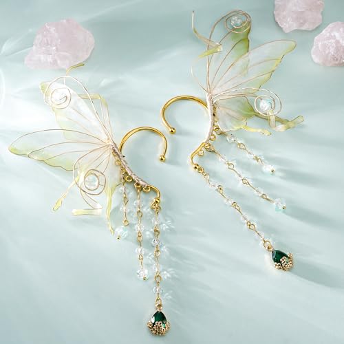 FRESHME Fairy Elf Ear Cuffs - Butterfly Wings Elven Ear Cuffs with Glass Beads Tassel Non Pierced Mermaid Ears for Women4