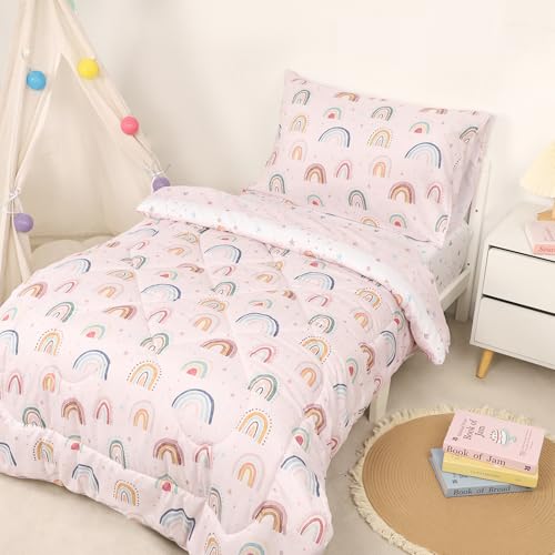 Image of Toddler Bedding Set for Girls, 4 Piece Toddler Girl Bedding Set, Super Soft & Lightweight Pink Toddler Comforter Set Includes Comforter, Flat Sheet, Fitted Sheet, Pillowcase (Rainbow)