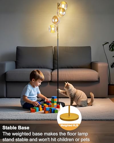 Image of Lightdot 64IN Dimmable Floor Lamp with Glass Globe Shade, Modern Gold &Black Standing Lamps with 4PCS Warm White Bulbs Included, Mid Century Floor Lamp with 5Lbs Heavy Base for Living Room /Sofa Beside