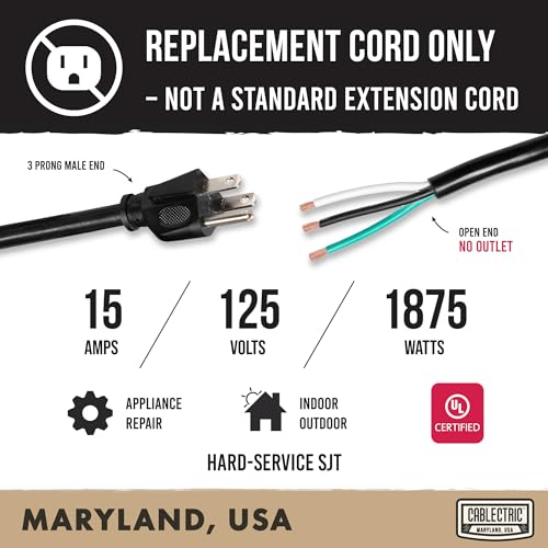 Image of 12 AWG Replacement Power Cord, 10 Ft - Open End, NEMA 5-15P Plug
