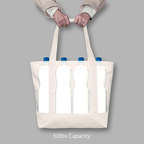 Image of TOPDesign 1-Pack Canvas Tote Bag with an External Pocket, Reusable Grocery Shopping Bag, Top Zipper Closure, Daily Essentials (Natural)