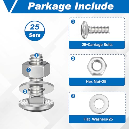Image of Zonon 25 Sets 3 /8-16 x 1 Stainless Steel Carriage Bolts and Nuts Kit Round Head Square Neck Carriage Bolts Screws and Hex Nuts and Flat Washers, Stainless 18-8 Full Thread Coverage (Silver)