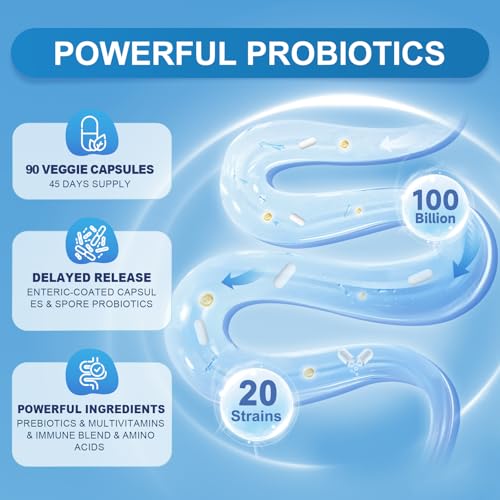 Probiotics for Women-Men Digestive Health with 100 Billion CFUs, Womens-Mens Probiotic for Immune Support and Gut Health with Prebiotics, multivitamin, 90 Veggie Caps (45 Days Supply) - Image 3