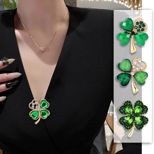 Image of 4 Leaf Clover Brooch Pin for Women St Patricks Day Accessories,Green Crystal Rhinestone Irish Shamrock Clover Pin Brooch Lucky Decor Dress Accessories St Patrick's Day Holiday Christmas Jewelry Gift