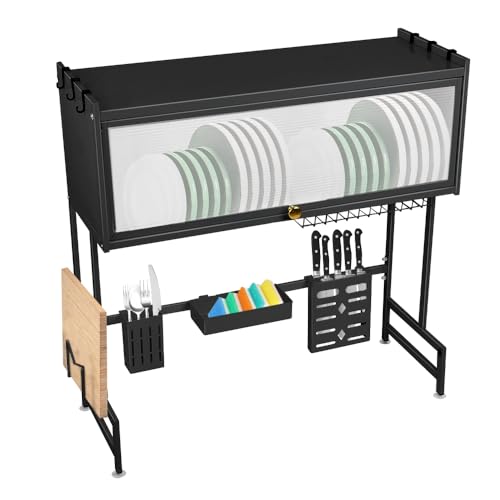 Belfoyer Escurreplatos sobre Fregadero de 2 Niveles, Escurridor de Platos de Acero al Carbono, Dish Drying Rack con Porta Cubiertos, Bandeja de Drenaje Automático y Diseño Ahorra Espacio(65cm Negro)