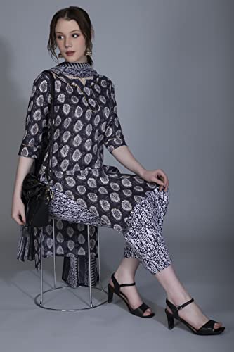 Image of DHRUVI TRENDZ Womens Cotton Blend Women Kurta Set with Duptta and Pant Regular Fit Straight (DT-K2695&P117&D72 Black S)