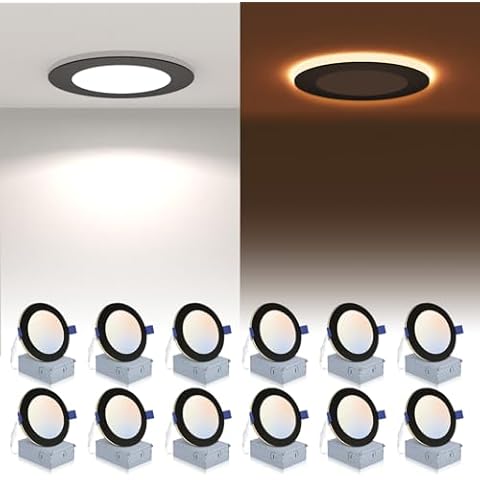 12 Pack Black Recessed Lighting 6 Inch with Night Light, 5CCT 6 Inch LED Recessed Lights 2700K-6000K Selectable, Dimmable 15W 1200LM Ultra Thin Recessed Lighting - ETL and Energy Star Certified Cover